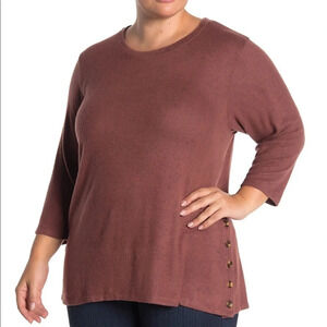 Bobeau Side Button Fleece Pullover Blouse Top 2X Red Rose Mauve Begonia Plus